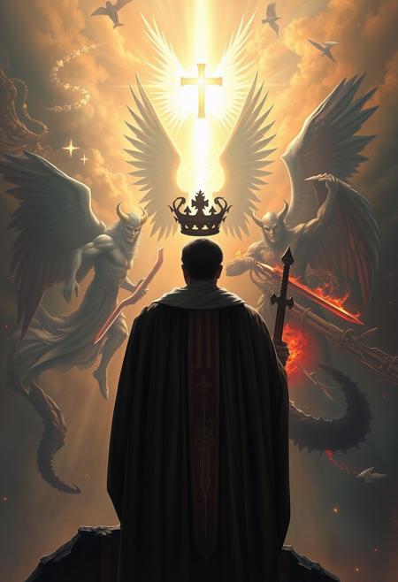 On the edge of light and shadow
A priest beholds the sight
Of angels and of demons locked
In everlasting fight
Guardians of heaven's gates
Wield swords of holy flame
While legions from the depths below
Seek glory in Hell's name
The balance hangs by threads of fate
As good and evil clash
Each soul becomes a battleground
Where light and darkness crash
Celestial choirs raise their voice
Against the demons' roar
The righteous and the fallen wage
Their never-ending war
Heaven's light shines from above
Hell's fire burns below
Caught between these mighty forces
Where will lost souls go?
Archangels in their armor bright
Face lords of sin and shame
Each victory and each defeat
Feeds the cosmic game
Pray for strength in troubled times
When darkness seems to win
Remember that the smallest light
Can pierce the darkest sin
Warriors of virtue stand
Against the tides of night
While tempters whisper promises
Of power and delight
The choice lies with each mortal heart
To rise or to descend
In this eternal struggle that
May never have an end
Between the realms of joy and pain
Between the high and low
The battle rages on and on
Which path will you choose to go?
Good and evil, intertwined
In life's complex design
The war within, the war without
Your soul is on the line