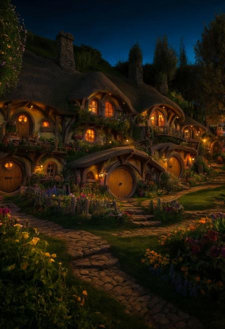 Cinematic Lighting  riverside hobbit village full of farms and hobbits with gardens and flowers   intricately detailed, true masterpiece, 8k, hdr, vibrant neon, led rgb  studio  quality OverallDetail <lora:JuggerCineXL2:1> <lora:add-detail-xl:1>, <lora:EnvyFlourishesXL01:1>