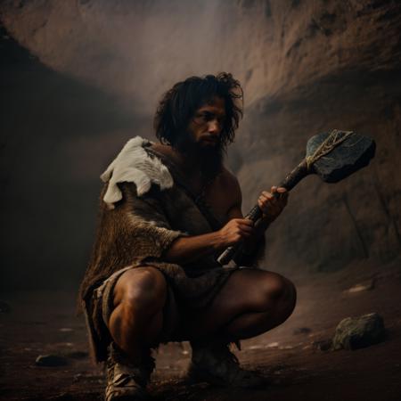 stone_man holding stone-axe holding stone-spear