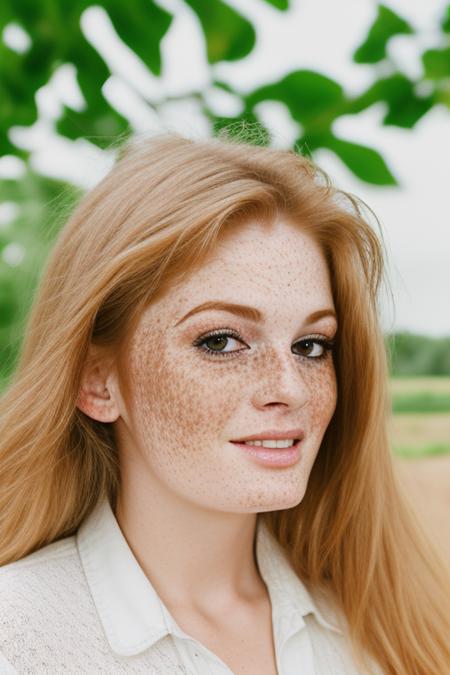 photography of an closeup portrait woman, realistic <lora:FayeReagan3:1>  wearing overalls white shirt on farm, vibrant colors [freckles]