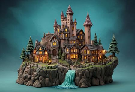 (novuschroma51 styleA breathtaking magical world where everything is sculpted from smooth,) colorful clay. Rolling hills, towering castles, and enchanted forests are crafted with soft, rounded details, giving a handcrafted and playful charm. Tiny clay villages with whimsical houses, glowing lanterns, and cobblestone streets stretch across the landscape. In the center, a majestic clay waterfall flows like liquid magic, glowing faintly with an ethereal shimmer. The sky is painted in soft pastel hues, with floating clay islands drifting gently above. Throughout the scene, charming clay figurine characters—knights, wizards, fairies, and mythical creatures—move as if alive, their expressions full of warmth and wonder. The lighting is soft and enchanting, casting gentle shadows that enhance the handcrafted textures. The entire world feels like a living fairytale, bursting with imagination and magic.