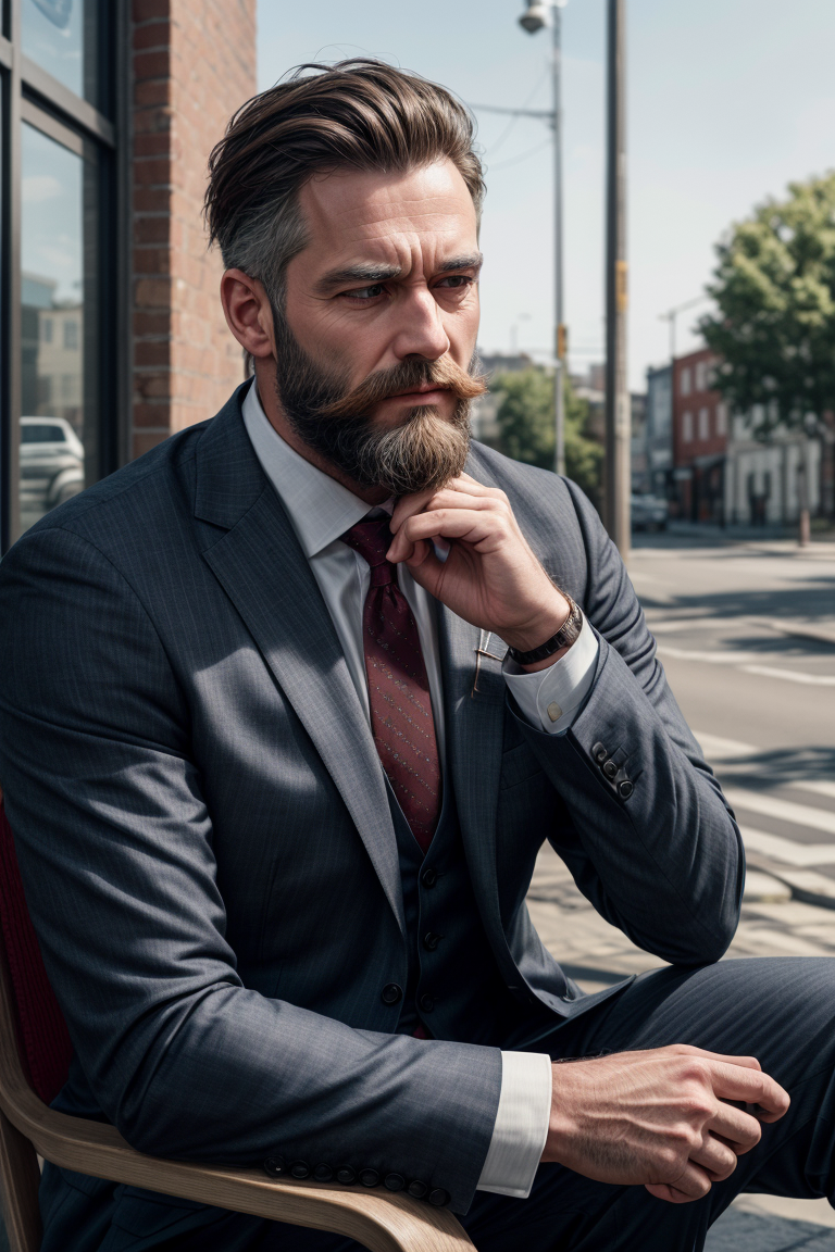 <lora:detailer:0.8> ,(RAW photo:1.2), a man wearing a business suit sitting outside, beard, tired, candid shot, best quali...