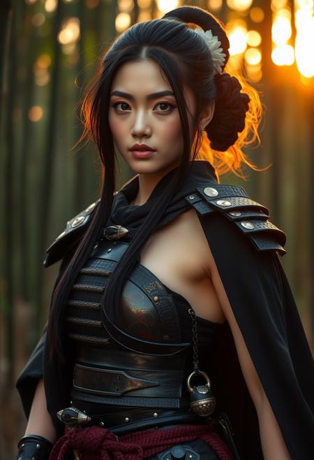 Close Up shot of a beautiful japanese samurai girl, geisha hairstyle, samurai armour, black cape, perfect body, oiled skin, sensual, erotic, bamboo forest background, sunset, National Geographic photography style