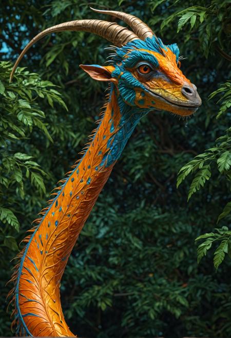 A Quizzlethorn, unique creature, photorealistic rendering, bright lighting: warm golden, cool blue, vibrant green, fiery orange. Camera angle: overhead, looking down. Drawing style: Realistic, Hyperrealistic, Impressionist. A Quizzlethorn's long neck, slender body, and intricate patterns on its fur blend seamlessly with the surrounding environment in 4K, high-quality, detailed, ultra HD. Best quality, professional, Portrait, photo shoot,