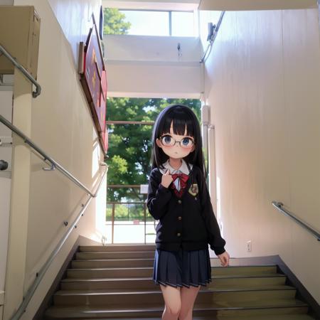 best quality, ultra-detailed, illustration,
kaidan, stairs, scenery, window, railing, industrial pipe, door, day, indoors, sunlight, shadow, school, outdoors, hallway,
1girl, glasses, black hair, long hair, black eyes, school uniform, blush, looking at viewer, standing,
<lora:Kaidan_school_SD15_V4:1>