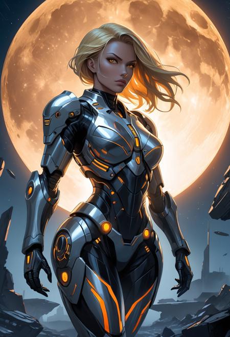 The image features a female woman in a futuristic, sci-fi setting.
A woman, depicted with striking, blonde hair that flows dramatically as if moved by wind. Her facial expression conveys strength and confidence. She is wearing a form-fitting, armored suit with metallic plates covering parts of her body, suggesting a warrior or battle-ready character.
The suit is designed with a blend of sleek, shiny metallic parts and darker segments, with a highly stylized and futuristic look. It covers her upper torso, hips, and limbs, with detailed circular plates and shoulder pieces, giving her a cyborg-like or heavily augmented appearance.
she stands in front of a large, glowing, orange moon, which contrasts against the darker, blue-toned elements of the background. The surrounding environment hints at a distant, alien world with rocky terrain or ruins, further enhancing the science-fiction theme.
she is is highlighted by the bright, glowing moon behind her, creating a powerful backlighting effect that emphasizes her silhouette. The lighting from the moon casts highlights on her metallic armor, adding a dynamic visual contrast between her and the darker environment.
The overall atmosphere suggests a post-apocalyptic or space-faring adventure. The character could be depicted as a lone warrior, or protector, in an alien world, possibly exploring or defending it. Her strong pose and intense gaze enhance this narrative.