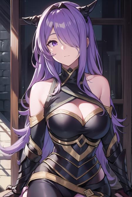 camilla, (hair over one eye:1.5), long hair, (purple eyes:1.1), purple hair, wavy hair, armor, armored boots, black armor, boots, gauntlets, grey footwear, knee boots,