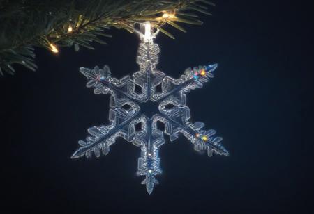 snowflake, unique shape snowflake, hanging from christmas tree, christmas lights, moonlight, colorful lights