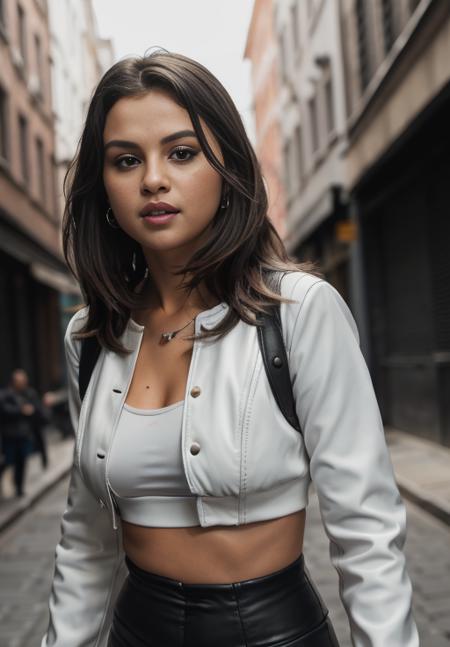 RAW photo, a beautiful SelenaGom3z <lora:SelenaGom3z2-v15-byShurik:1> in a bustling metropolis, weaving through crowded streets and dark alleyways, close up, leather jacket, white tshirt, black leggings, detailed eyes, flowing hair, determined expression, shiny glossy skin, subsurface scattering, (high detailed skin:1.2), 8k uhd, dslr, soft lighting, high quality, film grain, Fujifilm XT3
