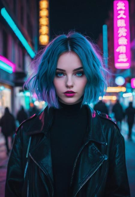 instagram photo, cinematic photo, saturated colors, city street, neon, fog, night, cyberpunk city, volumetric, closeup portrait photo of young woman in dark clothes, azure hairs, short haircut, grey eyes, circle earrings, pink earrings, looking to viewer, perfect face, perfect eyes, bob haircut, pale skin, magenta steam from mouth, opened mouth, peace sign fingers