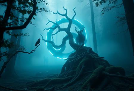 “A hyper-realistic, cinematic depiction of the Algiz rune in a haunting, fog-laden ancient forest, shot with a Sony prime lens for rich depth and sharp detail. The Algiz symbol looms large, carved from twisted, bone-like branches that glow with an eerie, electric-blue hue, illuminating the mist in dramatic high contrast. This glow casts intricate shadows across the forest floor, capturing every texture of the damp moss and gnarled roots. Surrounding it are spectral animals—a raven perched on a branch with razor-sharp focus, a ghostly elk with glowing antlers standing in mid-distance, and wolf-like shadows further back, half-concealed by fog. Using a shallow depth of field, the foreground details pop in hyper clarity while the background recedes into a moody, mysterious blur, layered with deep blues, purples, and greens. Each leaf and wisp of mist is sharp, highlighting the texture and contrast of the scene for an immersive, supernatural atmosphere that feels like a ritual frozen in time.”