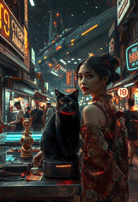 Setting is a futuristic cyberpunk street market at night, the market is comprised of street vendors selling robot parts, food, weapons, and robot pets. People wearing futuristic cyberpunk clothing are walking through the street market shopping and eating, A sleek black cat with red collar sits on a cluttered metal riveted desk with transparent top and micro-LED lighted computer components visible inside, On the desk is an ebony and gold maneki neko statue and futuristic art deco lighting, (((a beautiful woman, 24 years old, is standing in the foreground facing the viewer, she has an expression of interested curiosity)))))), the sleek black cat with red collar is sitting on the desk and watching the people walking by in the busy street market, the woman is dressed in futuristic cyberpunk Japanese style kimono-style clothing that are sexy and Japanese classic aesthetic. An enormous art deco inspired starship with futuristic lighting and an enormous space station are visible in the background among the stars, The woman's hair is elegantly tied up with a ribbon. Artistic cyberpunk, dynamic perspective, (((overall architectural aesthetic is Art Deco Cyberpunk))).  Epic image that elicits a feeling of wonder and awe, part of the interior is visible,