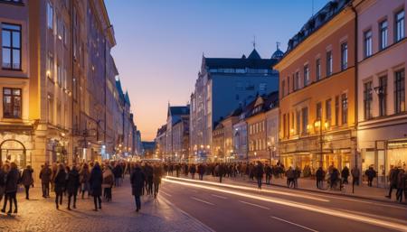 Professional photograph of main Finnish avenue at dusk, crowd, cars, (studio lighting:1.4), (FOV: 28mm:1.5), (vibrant colors:1.3), (best of the best, high quality, masterpiece, 8k uhd:1.8)<lora:add-detail-xl:1.1>