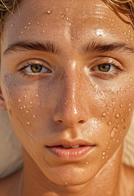 25 yo male model, headshot, skin details, intricate details, skin pores, detailed face, hyperdetailed photography, looking at viewer, sunburnt skin, wrinkles, big eyes, refraction, reflection in the eyes, blushing, sweaty, sweat beads, broken nose, scars, expressive