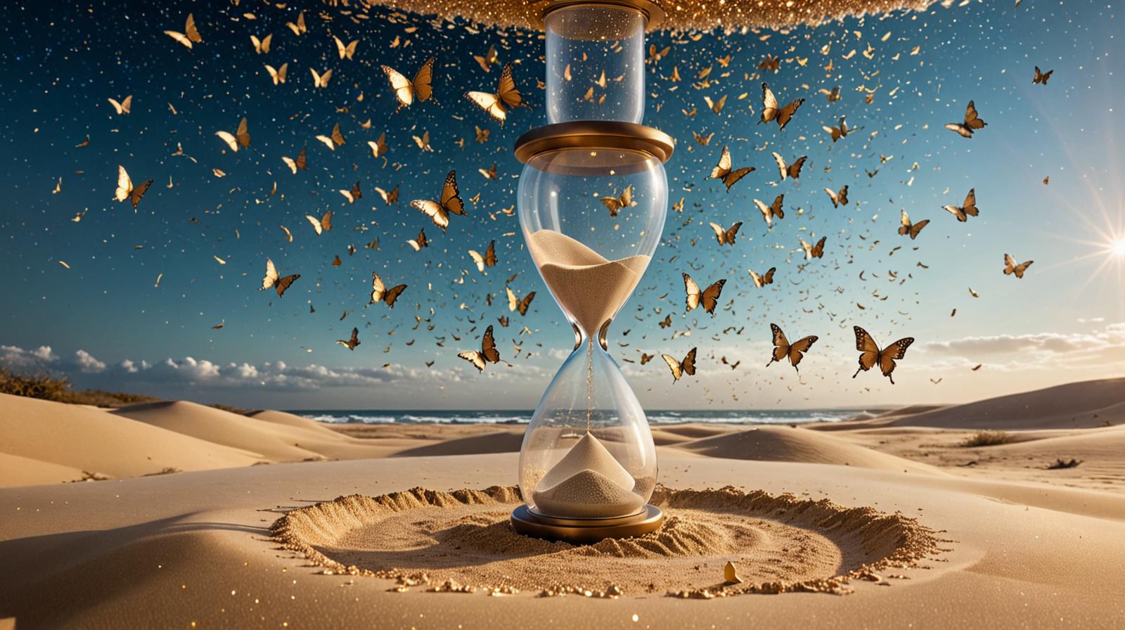 A surreal image of a floating, upside-down hourglass where the sand consists of shimmering metallic butterflies. As the sand flows upward, the butterflies flutter their wings, breaking apart into smaller particles of stardust. The hourglass floats in the center of a vast, liquid-like sky, with ripples of light radiating outward from the hourglass. The entire scene is bathed in ethereal light, with hints of glowing, molten gold swirling in the background. The perspective is slightly tilted, giving a disorienting yet mesmerizing effect.