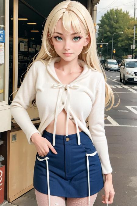 1girl,  green_eyes,  long hair,  blonde_hair,  bangs,  beautiful woman,  perfect body,  perfect breasts,  Bitzy:1.2,  denim skirt,  white footwear,  fishnet pantyhose,  high heels,  on the streets,  infront of a convenience store,  sipping a coffee:1.2,  straw_(drinking),  depth of field,  cowboy_shot,  pov,  innocent girl,  gentle smile,  looking at the audience,  masterpiece,  super detailed,  high detail,  high quality,  best quality,  1080p,  16k