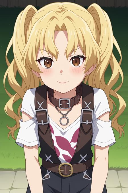 1girl, katagiri yuzuki, black bullet, long hair, blonde hair, twintails, brown eyes, flat chest, yuzukiout, white shirt, short sleeves, necklace, belt collar, short shorts, anime screencap, anime coloring,