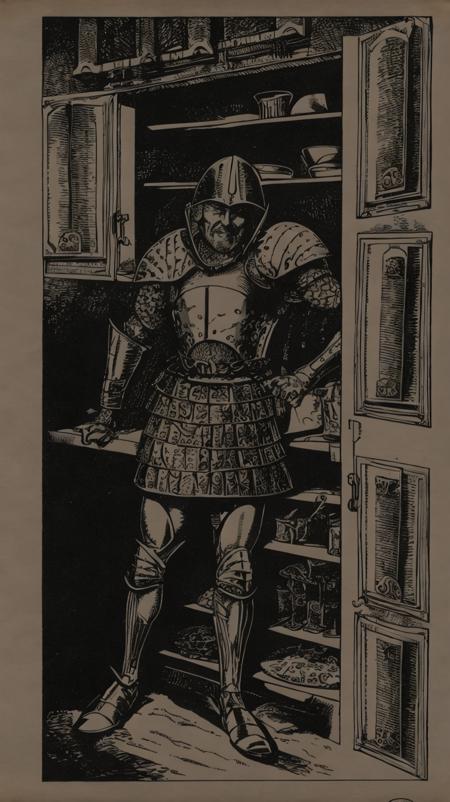 fantasyclassics, a man in armour in a kitchen pantry <lora:FantasyClassics:1>