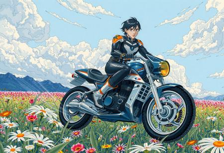 ultra high quality, very detailed, (evangelion style), (90s anime art:1.2) of a man wearing a tight leather jumpsuit, riding a flying futuristic motorcycle, in a field full of flowers