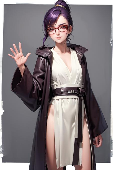 masterpiece, best quality, absurdres, 1girl, solo, JediOutfit, robe, belt, purple hair, red eyes, ponytail, glasses, smile, waving at viewer, <lora:JediOutfit:1>