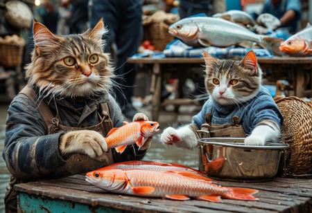cat selling fish in the market, cat customer, cat acting like human, cat in the market, cat as a merchant, cat pedestrian,