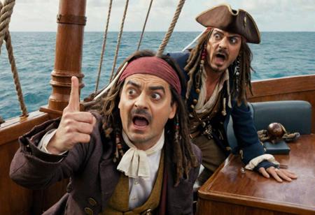 2 men taking a selfie , Johnny Depp dressed as Captain Jack Sparrow & 
Rowan Atkinson dressed as Mr Bean on the board of a sinking ship, in the background you can see the sailors yelling and screaming , realistic, complementary colors . octane render, highly detailed, volumetric, dramatic lighting