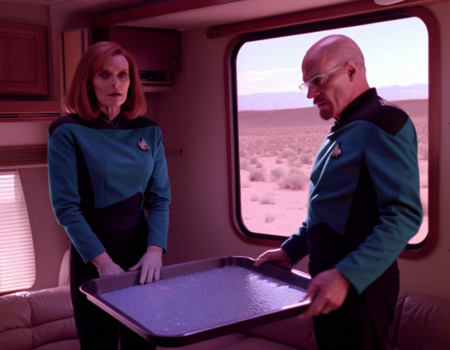 Star Trek TNG TV still Picard Riker Troi Crusher Data Worf on the Enterprise control panel Borg Klingon Romulan wearing a red Starfleet uniform wearing Klingon armor wearing a Romulan uniform