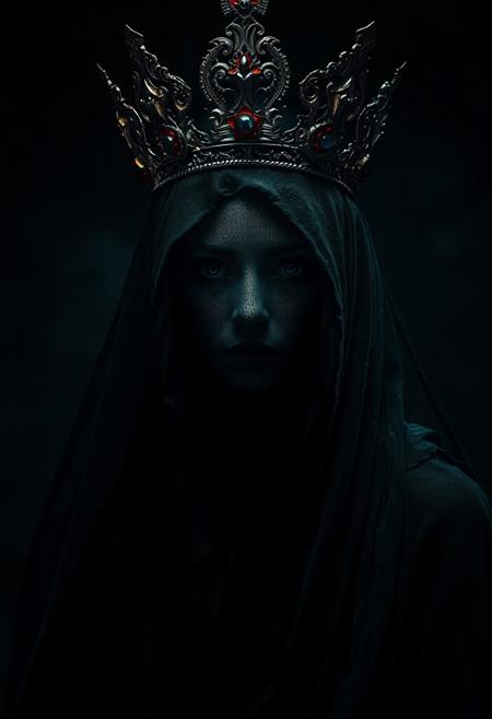In this captivating dark fantasy portrait, a mysterious veiled queen stands proudly, exuding an aura of power and silent command. Her face, partially obscured by an enigmatic veil, is shrouded in shadow and intrigue. The queen's ornate crown, adorned with striking crimson details, contrasts against the deep teal and black color palette. The low-key lighting creates a dramatic atmosphere, with shadows adding depth to the exquisite textures of her regal attire. The background is dark and mysterious, heightening the sense of secrecy and allure. The cinematic style, achieved through a shallow depth of field and high ISO for grain, combined with a 85mm lens, captures the queen's regal presence in a realistic yet dreamlike manner., dark fantasy, real life