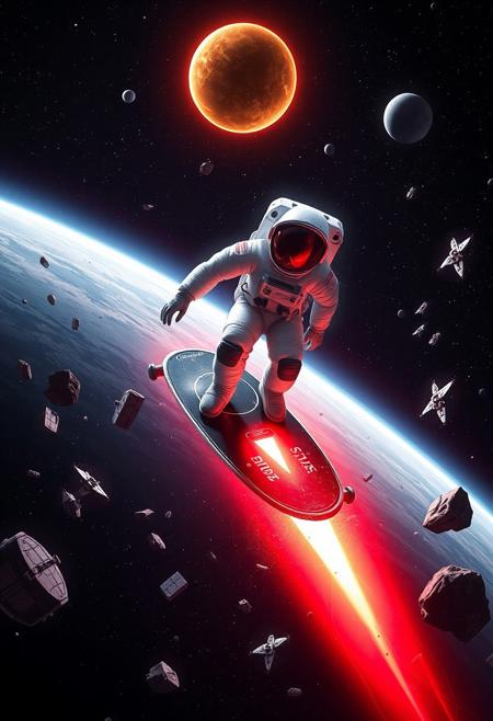 Digital artwork featuring a futuristic and dynamic scene. The layout is centered around an astronaut in a white spacesuit with a reflective red visor, riding a surfboard-like device into a planets atmosphere, causing a red glow from the leading edge. The background is a dark, starry expanse with a bright, glowing planet in the distance, casting an orange hue. Surrounding the astronaut is the debris from a destroyed spacecraft, adding a sense of adventure and exploration. The overall style is highly detailed and vibrant, with a strong contrast between the dark space and the bright elements.