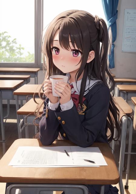 masterpiece,best quality,1girl ,very long hair,one side up,school uniform,in classroom,writing,blush,cup
 <lora:Shimamura_Uzuki_V1.5:1>