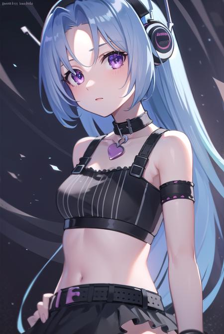 5pb, <lyco:5pb-lyco-nochekaiser:1>,
5pb, blue hair, (purple eyes:1.1), long hair, (parted bangs:1.5), (small breasts:1.2),
BREAK headphones, midriff, skirt, tattoo, black skirt, choker, belt, pink belt, bracelet, heart, heart necklace, musical note, musical note print, sleeveless, sleeveless dress, frills, frilled skirt,
BREAK looking at viewer, upper body, fully body,
BREAK outdoors,
BREAK <lyco:GoodHands-beta2:1>, (masterpiece:1.2), best quality, high resolution, unity 8k wallpaper, (illustration:0.8), (beautiful detailed eyes:1.6), extremely detailed face, perfect lighting, extremely detailed CG, (perfect hands, perfect anatomy),