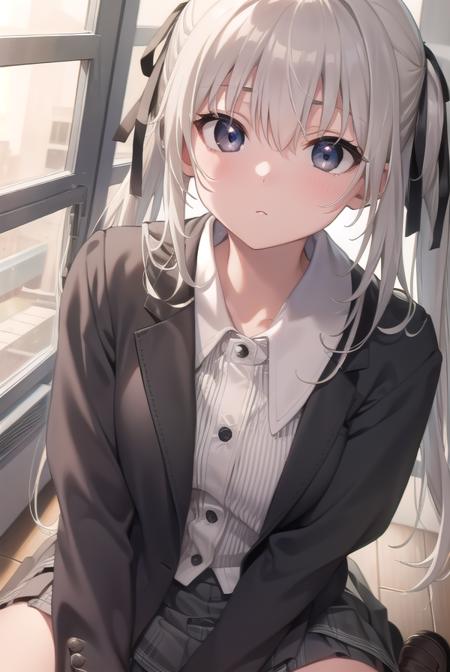 sorakasugano, <lyco:sorakasugano-lyco-nochekaiser:1>, 
sora kasugano, ahoge, (black eyes:1.5), hair between eyes, hair ribbon, long hair, twintails, black ribbon, white hair, (flat chest:1.2),
BREAK black footwear, black pantyhose, grey ribbon, grey skirt, loafers, long sleeves, miniskirt, pantyhose, pleated skirt, sailor collar, school uniform, serafuku, shoes, skirt, white sailor collar, white serafuku,
BREAK looking at viewer,
BREAK indoors, classroom,
BREAK <lyco:GoodHands-beta2:1>, (masterpiece:1.2), best quality, high resolution, unity 8k wallpaper, (illustration:0.8), (beautiful detailed eyes:1.6), extremely detailed face, perfect lighting, extremely detailed CG, (perfect hands, perfect anatomy),