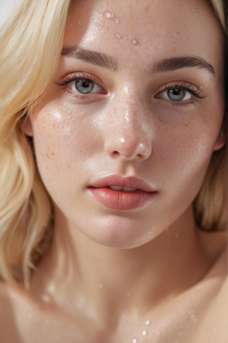 A close up of a woman's face with blue eyes and blonde hair.