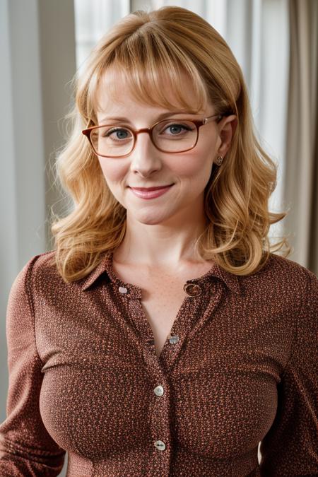 RAW photo, melissa rauch as bernadette rostenkowski wearing glasses, 8k uhd, dslr, soft lighting, high quality, film grain, Fujifilm XT3 <lora:meldette:1>