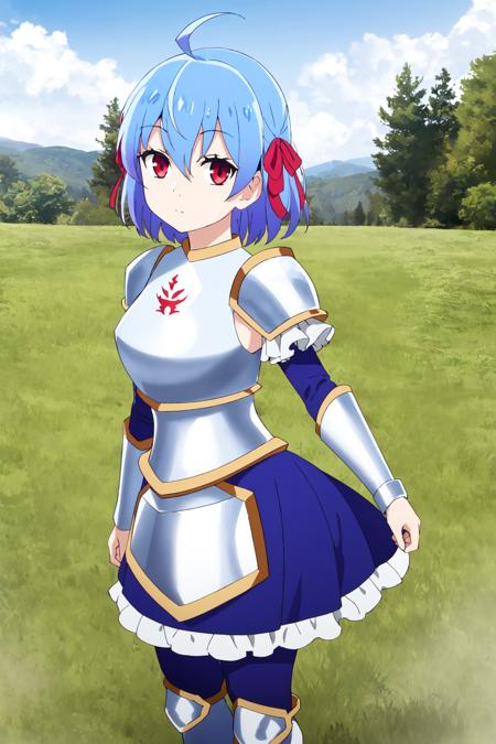 ruti, 1girl, solo, looking at viewer, red eyes, blue hair, ahoge, short hair, hair between eyes, bangs, expressionless, ribbon, closed mouth, hair ribbon, boots, frills, armor, red ribbon, blue dress, breastplate, armored dress, masterpiece, outdoors,