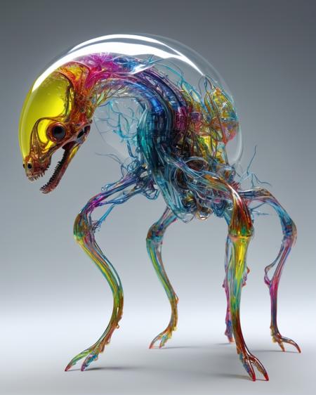 focus on alien non-anthropomorphic bioengineered creature, transparency:1.4, (detailed cybernetic implants fused with organic matter:0.5), full body, (with intensely vibrant swirling colors:1.9), realistic photo, <lora:add-detail-xl:1.0> ,  <lora:artialien:1> artialien