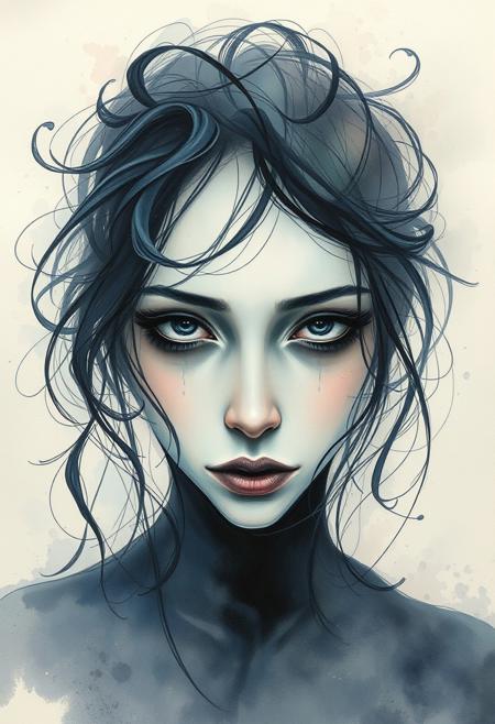 A mysterious portrait where facial features are exaggerated with expressive, curling ink strokes, but the surrounding hair and background dissolve into dreamlike, flowing pastels.
expressive gestural linework blending with soft ethereal watercolor washes, fluid surreal compositions with delicate luminous textures, deep moody blues transitioning into misty pastel gradients, organic abstraction merging with emotive realism, dreamlike and poetic atmosphere