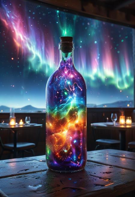 8k, Raw digital photo, jaynl-tm, a bottle and a glass on a table in a restaurant, filled with liquid made of aurora, glowing particles, ( lightning effect:0.8), minimalist, dark background,