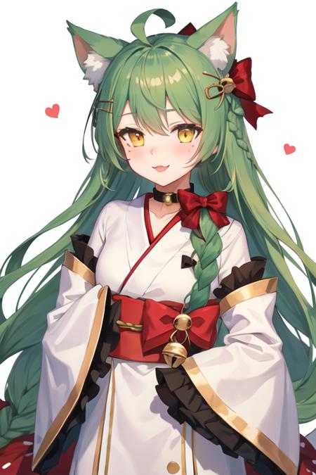 best quality, masterpiece, highres, solo, {akashi_azurlane:1.15}, animal_ears, cat_ears, green_hair, long_hair, ahoge, hair_between_eyes, yellow_eyes, blush, bell, bow, hair_ornament, bangs, very_long_hair, :3, mole, smile, mole_under_eye, 1girl, hair_bell, jingle_bell, looking_at_viewer, sleeves_past_wrists, japanese_clothes, kimono, red_kimono, sleeves_past_fingers, hair_bow, open_mouth, long_sleeves, red_bow, braid, wide_sleeves, obi, sash, shide, upper_body, frilled_sleeves