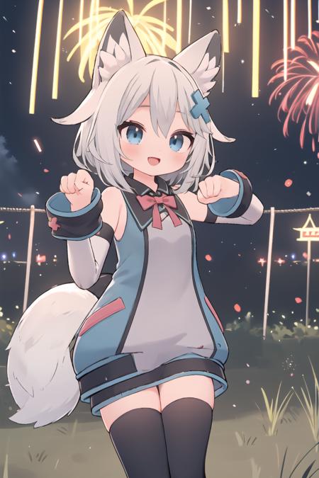 virtual youtuber, white hair, grey hair, hair between eyes, bangs, blue eyes, animal ears, animal ear fluff, tail, fox ears, fox tail, hair ornament, x hair ornament, dress, thighhighs, black thighhighs, sleeveless, detached sleeves, long sleeves, sleeveless shirt, bare shoulders, bow, boots, thighhighs under boots,