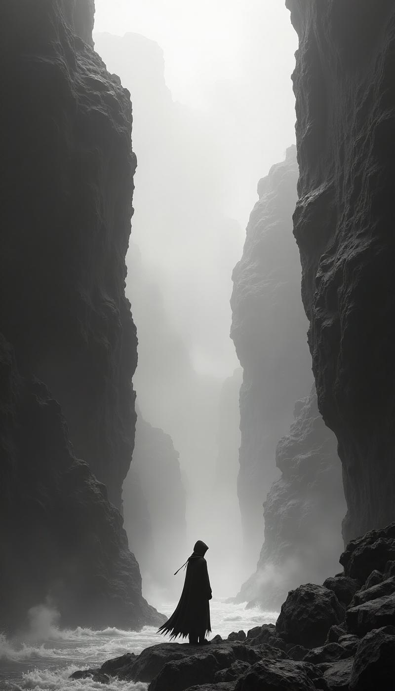 A lone figure in a dark hooded cloak stands amidst swirling fog between two towering, jagged cliffs. Black and white, dark fantasy art, highly detailed. Low light, high contrast, grainy, desaturated, bleak. Water at the bottom of the chasm.