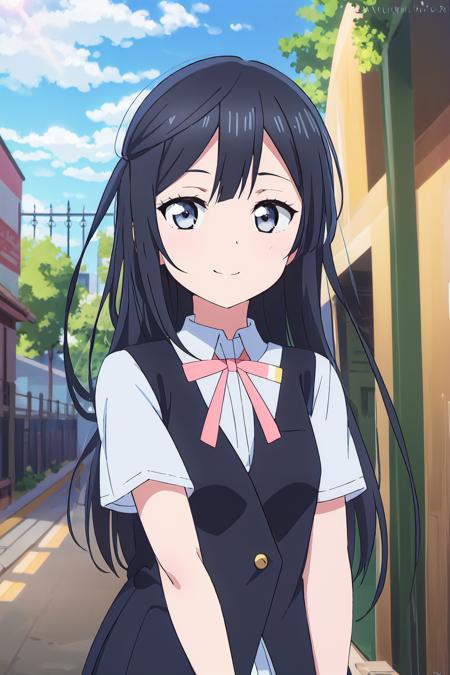 (best quality, masterpiece:1.2), 1girl, solo, anime, anime screencap,  ray tracing, global illumination, ultra resolution image, vivid color,  cinematic light,  lens flare,  light on face, glow eyes,  depth of field, happy, detailed background, cute,  straight-on, smile, looking at viewer, outdoors, sky, cloud, 
 <lora:A_Yuki Setsuna SSU:0.8> yuki setsuna, upper body