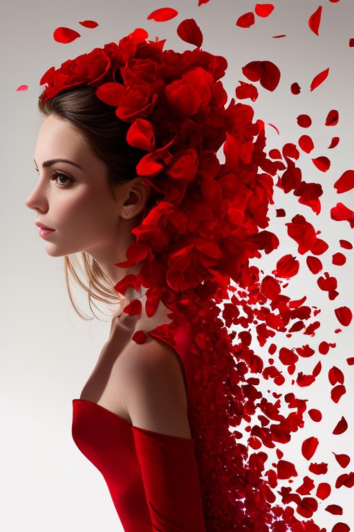 A woman in a red dress with red flowers behind her head and red petals falling around her.