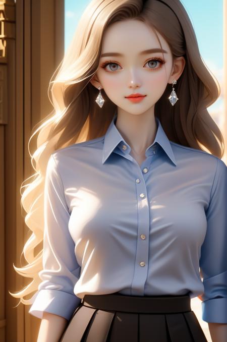 (masterpiece,best quality:1.5),ultra realistic,32k,RAW photo,(high detailed skin:1.2), 8k uhd, dslr, soft lighting, high quality, film grain,Side lighting ,(ðï¸,ð),ð,ð¹, pencil skirt , button down shirt ,pretty lady , royal style, diamond  accessories,, anime