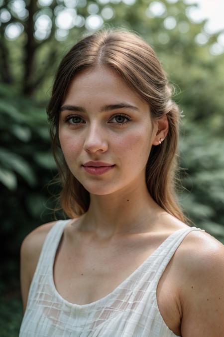Woman wearing white dress, outdoors, detailed, RAW photo, subject, 8k uhd, dslr, soft lighting, high quality, film grain, Fujifilm XT3, realistic skin texture, sharp