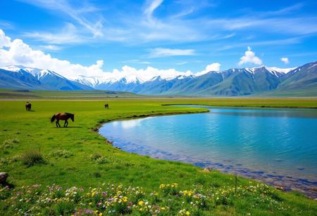 xinjiang, in the distance is the rolling snow-capped mountains, the sky is blue sky and white clouds, and nearby is a green basin. in the middle of the basin, there is water flowing from the snow-capped mountains, which flows into the lake. the lake water is clear to the bottom. there are horses grazing on the grass around the lake. there are wildflowers of various colors on the grass. very beautiful pictures, beautiful, high resolution