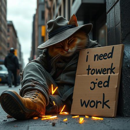Ultra realistic. city like new york, a vagabond cat, with old dirty clothes, ripped boots, sleeping on a city street, with an old dirty hat over his face, many small golden lightning bolt form pieces glowing falling out of his pants pockets, a carboard sign with the text "i need buz to work"