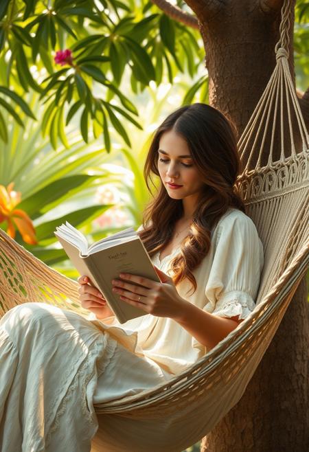 19th century Victorian oil painting. In it, a young woman is reclining in a hammock, engrossed in a book. She has long, wavy brown hair cascading over her shoulders and wears a light, flowing white summer dress. The hammock is made of soft, woven fabric with subtle patterns. It is suspended between two large, lush trees in a serene, sunlit tropical jungle. The background features soft green foliage and vibrant flowers on display, with dappled sunlight filtering through the canopy. The lighting creates a warm, golden glow on her face and hands, highlighting the texture of the book and the hammock. Gentle shadows from the trees add depth to the peaceful scene.