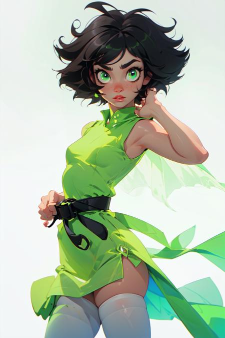 (buttercup) (black hair, green eyes, short hair, messy hair) (dress, light-green sleeveless dress, simple black belt, white thighhighs)