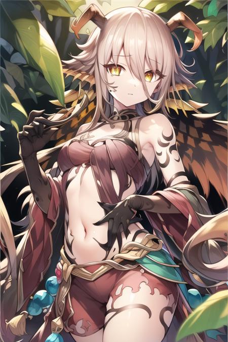 <lora:traptrixholeutea:0.85>traptrixholeutea,long hair,(stockings:0.6),wings,sleeveless,navel, standing,solo, single glove,1girl,forest  background,  full body,masterpiece,solo,beautiful detailed eyes,finely detail,detailed face,vivid color,5 fingers,finely detailed,hyper detailed,detailed hand,8k,finely detailed beautiful eyes,high resolution illustration,best quality,